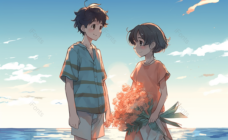 唯美海边手拿鲜花情侣背景图,插画/手绘图,插画/手绘图库,插画/手绘图下载,插画/手绘